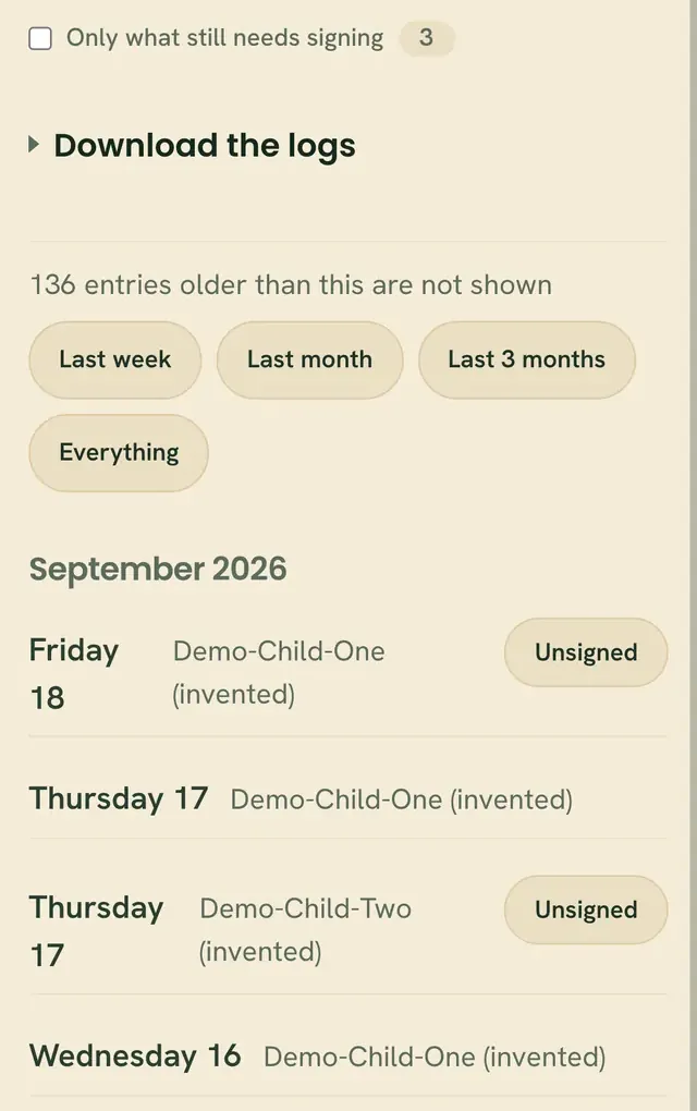Daily log entries in Chrysalis Luna listed by day, with the ones still to be signed marked.