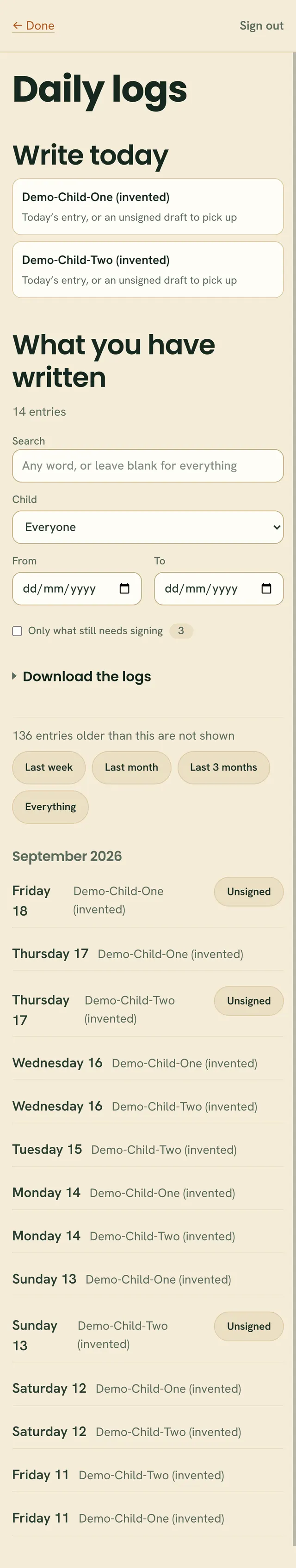 Daily logs in Chrysalis Luna: today's entry to write, then everything already written, searchable by word, child and date, and downloadable.