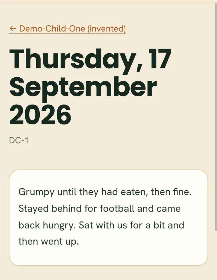 A daily log in Chrysalis Luna: Thursday 17 September 2026, written in the carer's own words.