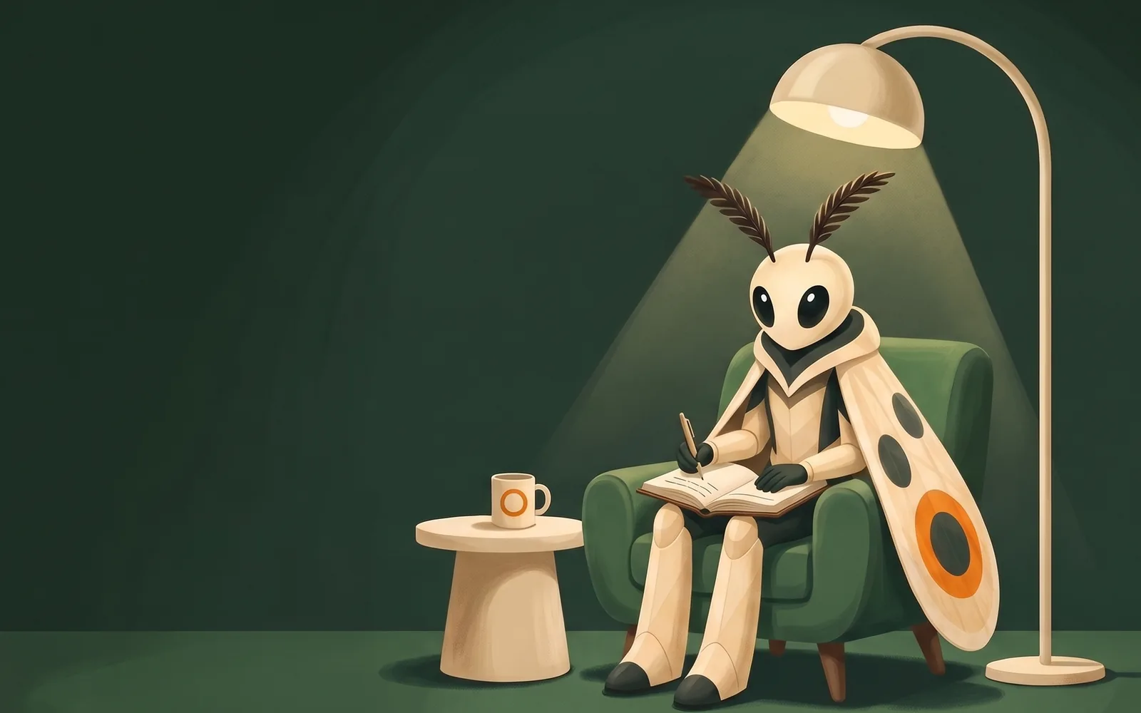 Mothy, the assistant, standing under a standard lamp at night beside a cup of tea.