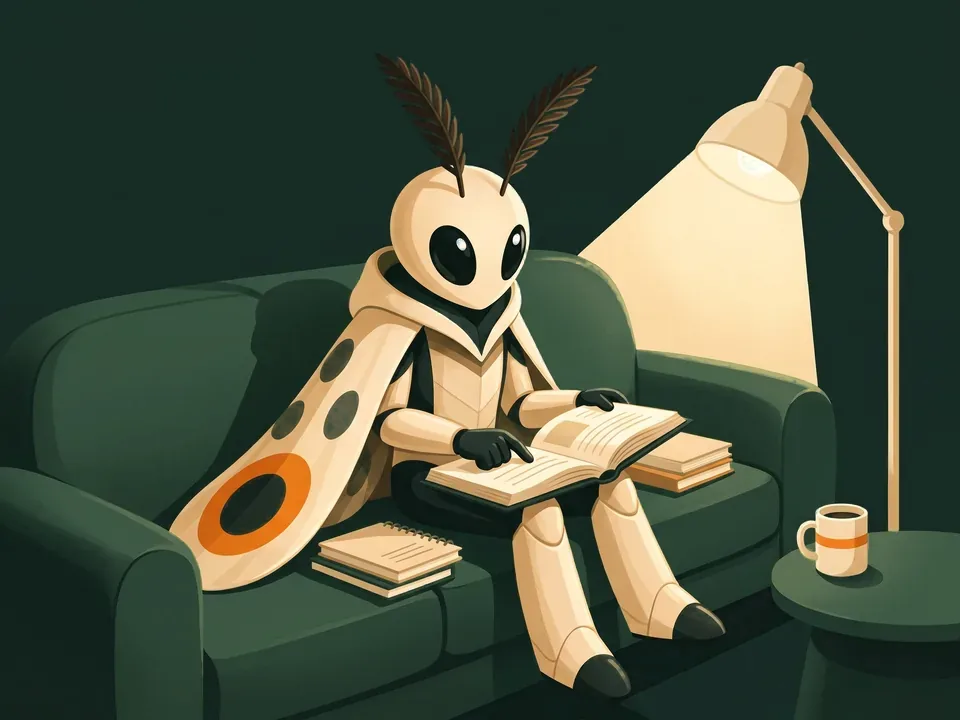 Mothy on a sofa with a training workbook open, reading back through earlier notebooks by lamplight.