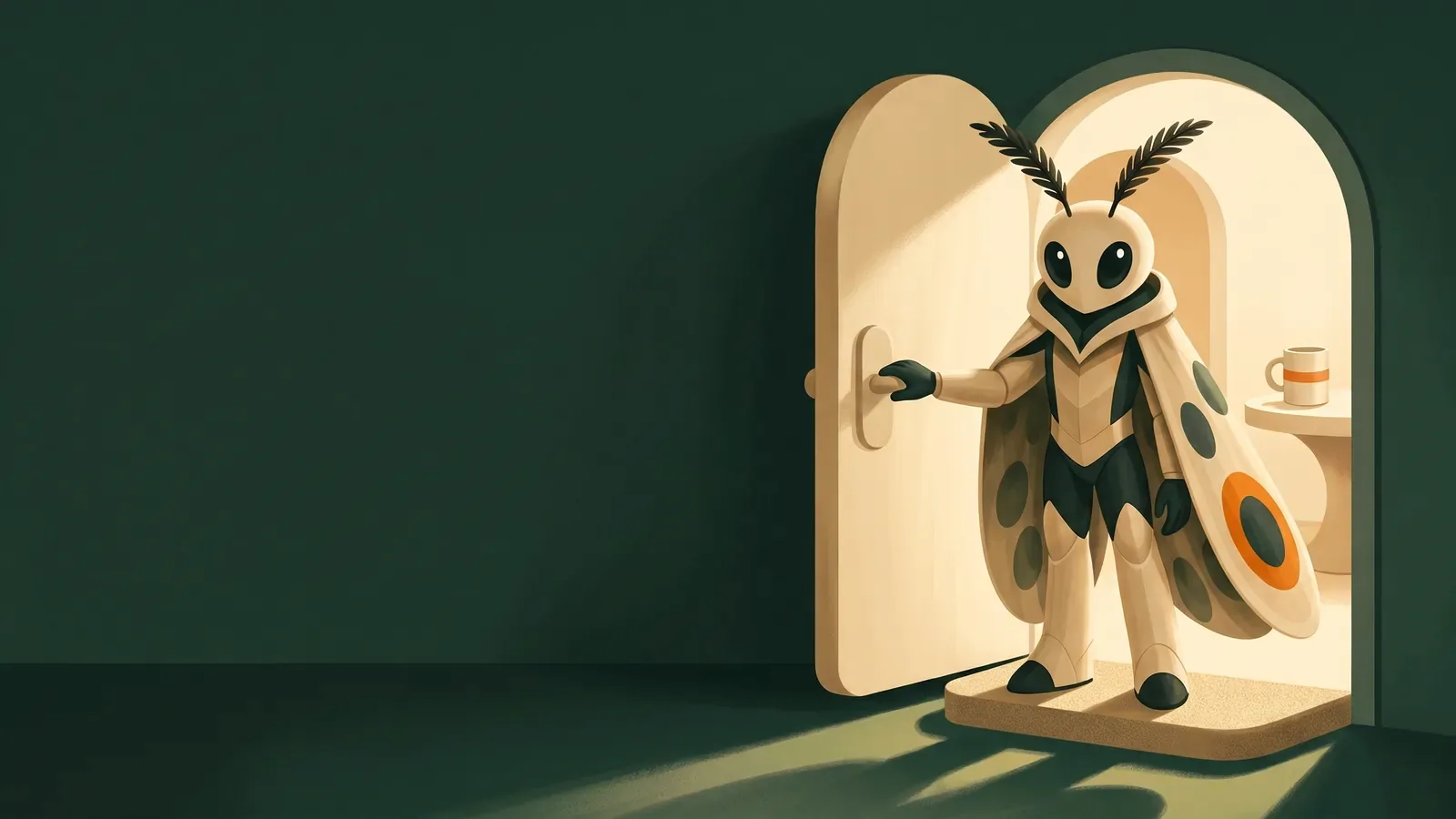 Mothy holding the front door of a children's home open at night, lamplight spilling onto the step.
