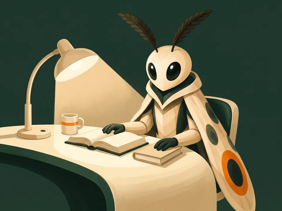Mothy at a desk with the regulations open in one book and the home's own policies in another.