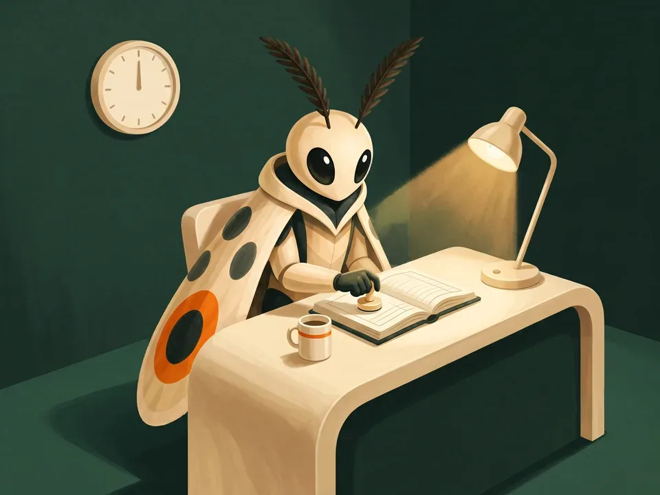 Mothy at a desk under a lamp, writing the time into a ledger.
